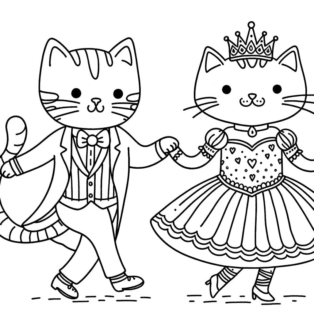 Un gato bailando con una gata reina en vestidos elegantes.