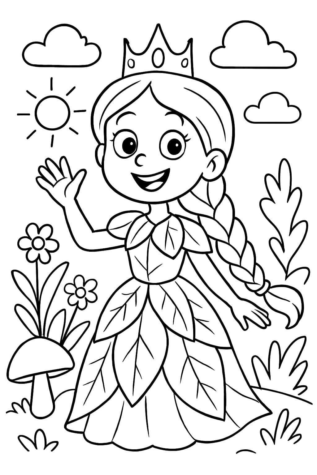 Prinzessin mit einem Zopf, die ein Outfit aus der Natur trägt