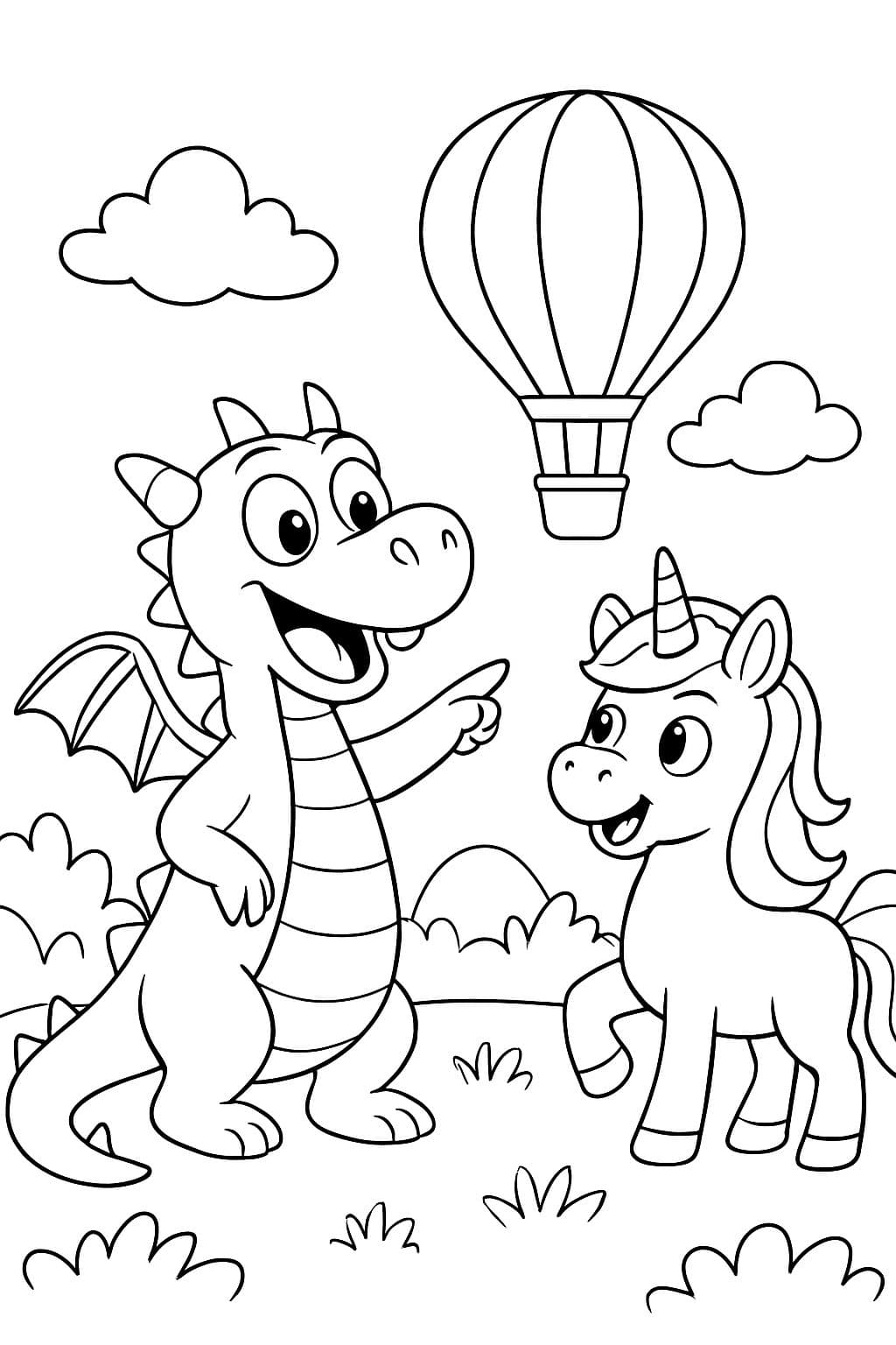 Un dragón le muestra a un unicornio un globo aerostático.