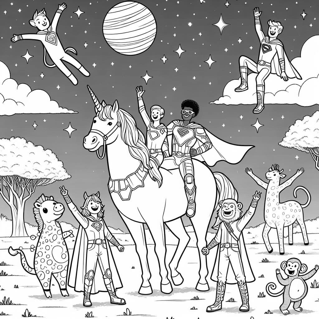 A superhero on a unicorn looking at a planet saying hello. Down below is a dance party with a giraffe, a monkey and a unicorn.