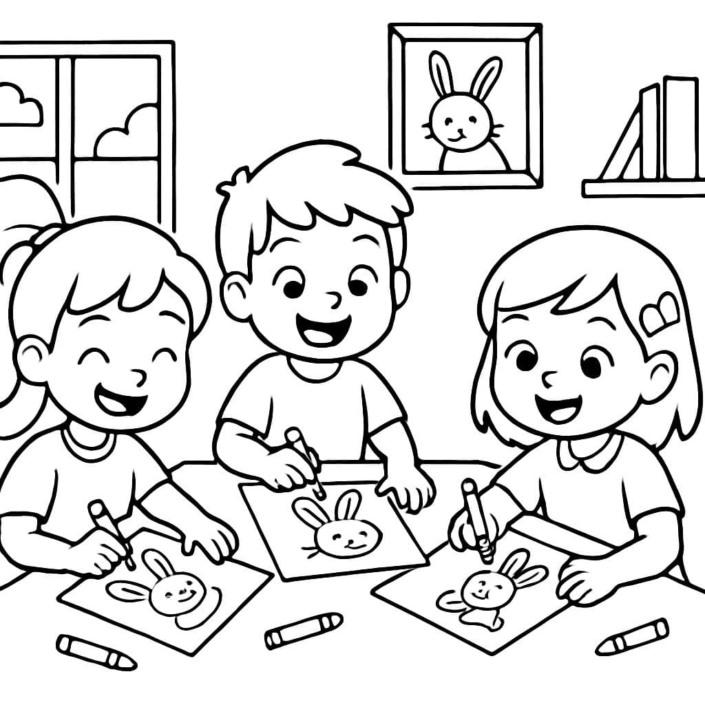 Deux filles et un garçon peignant des lapins sur du papier.