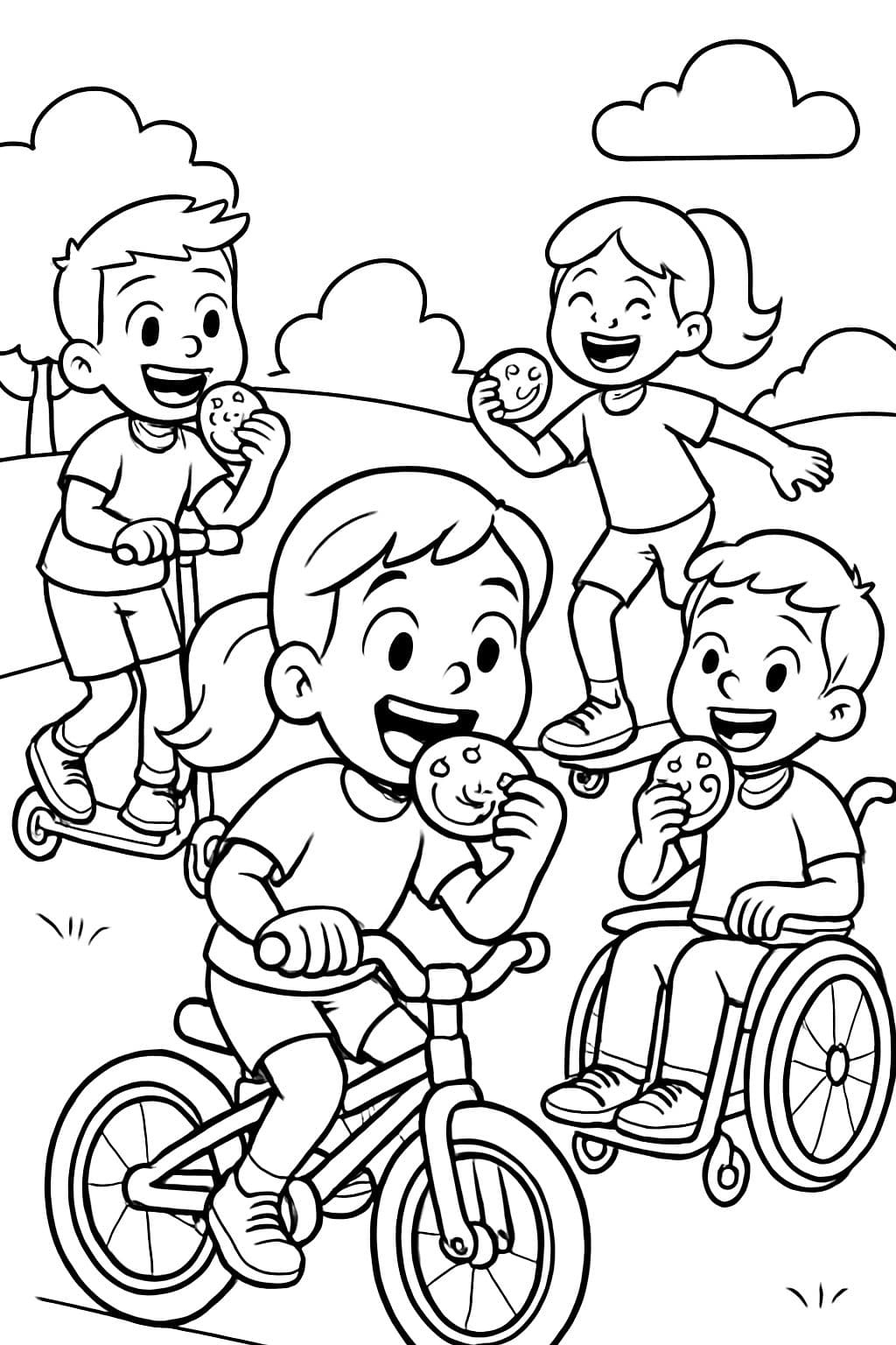 Children enjoying smile cookies while riding bikes, scooters, skateboards, inline skates and wheelchairs.