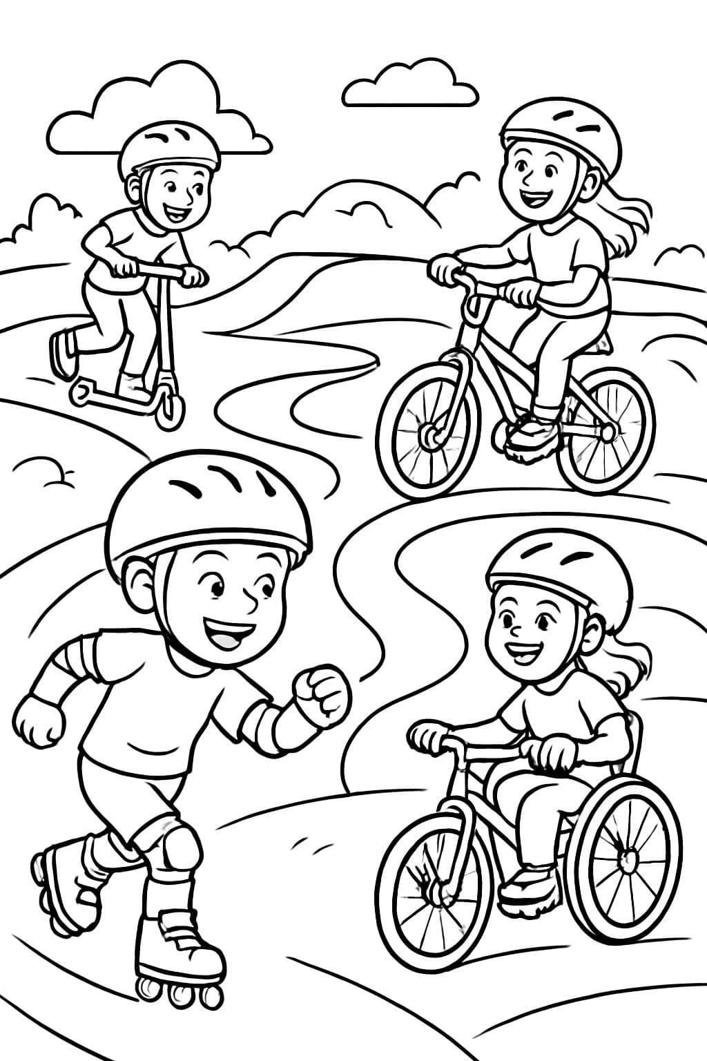 Kinder spielen auf einem Pumptrack und fahren mit Fahrrädern, Scootern, Skateboards und Rollstühlen.