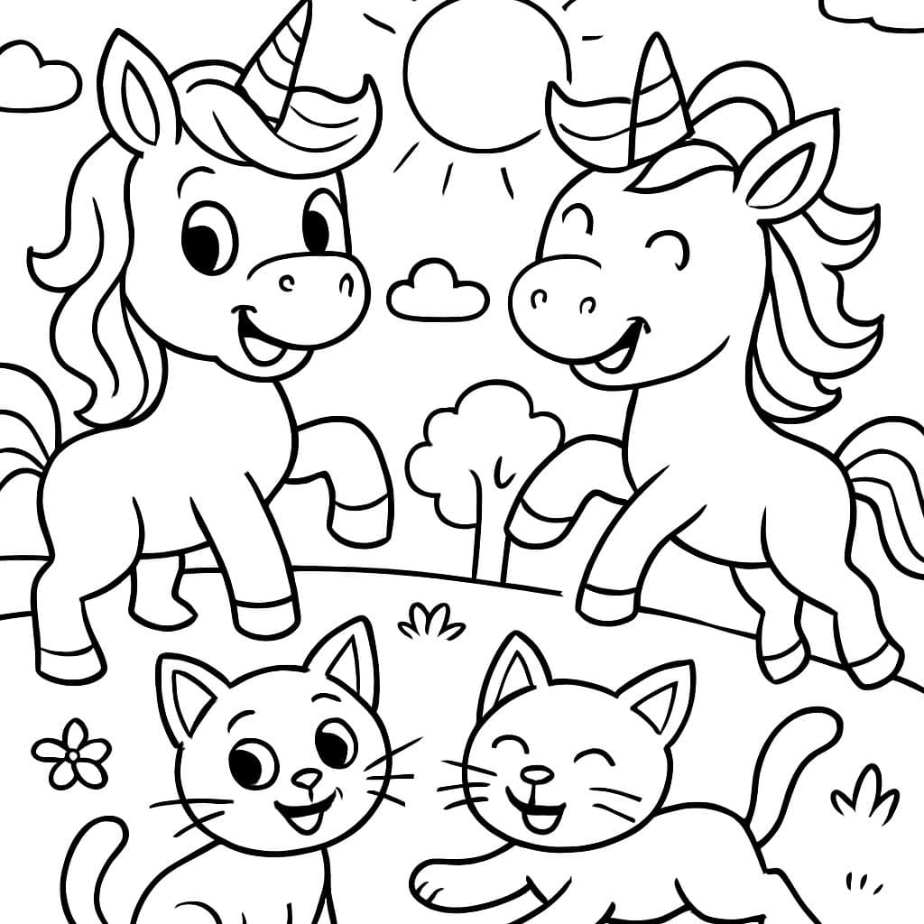 2 unicornios y 2 gatos, las figuras no deben estar cortadas en el borde