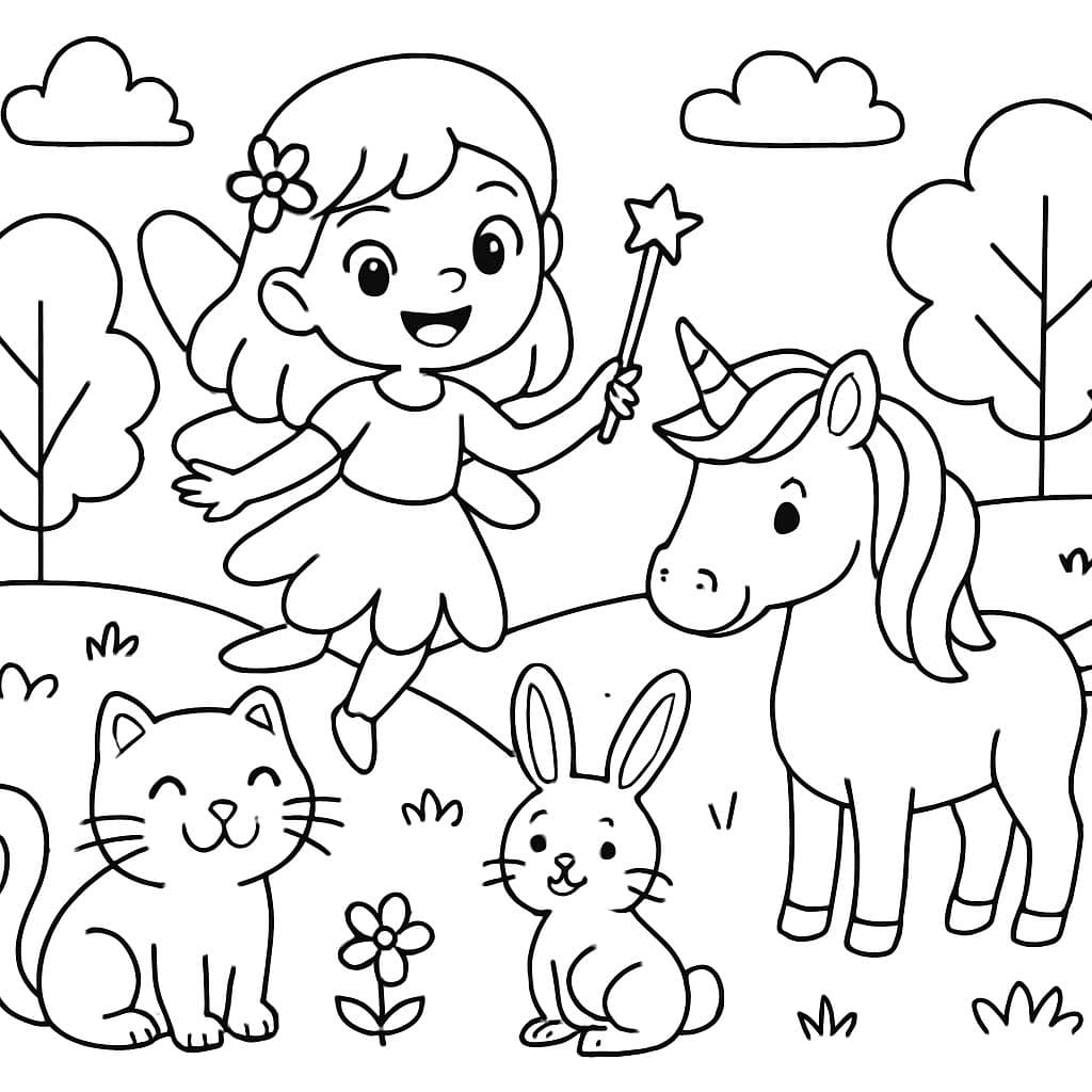 una hada de pie, un unicornio, un gato y un conejo que no están tan cerca del borde de la imagen