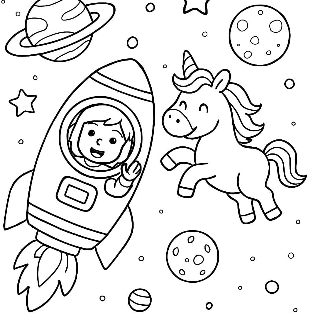 une astronaute dans une fusée et une licorne dans l'espace