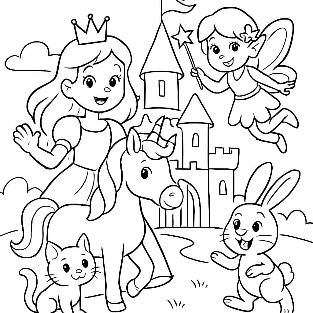 princesa, hada, unicornio, gato, conejo en un castillo de cuento de hadas