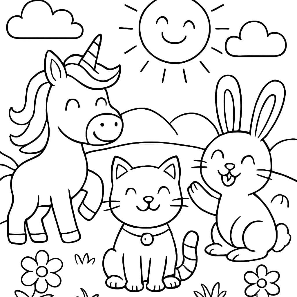 ein Einhorn, eine Katze und einen Hasen die lächeln
