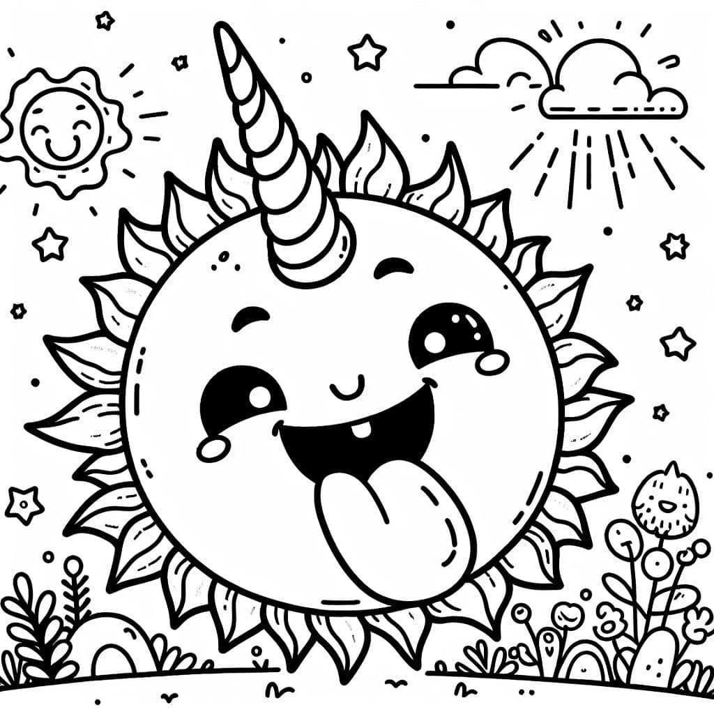 Eine sonne mit einem horn wie ein einhorn auf dem kopf hat und ihre zunge rausstrecktauf dem