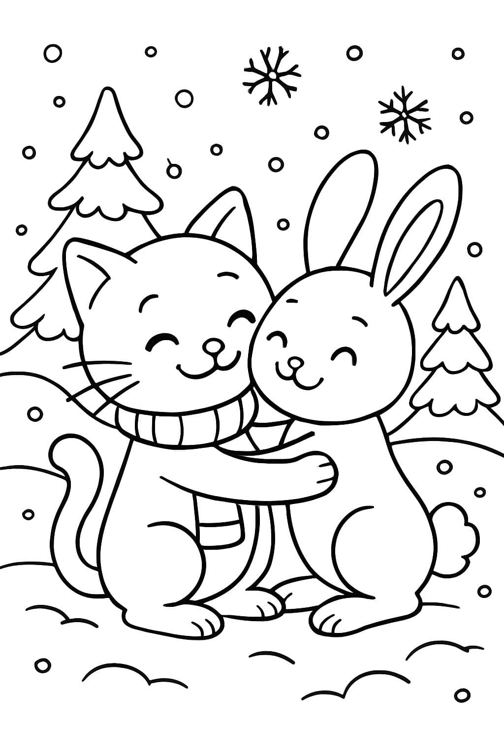 un gato y un conejo en invierno, que se quieren