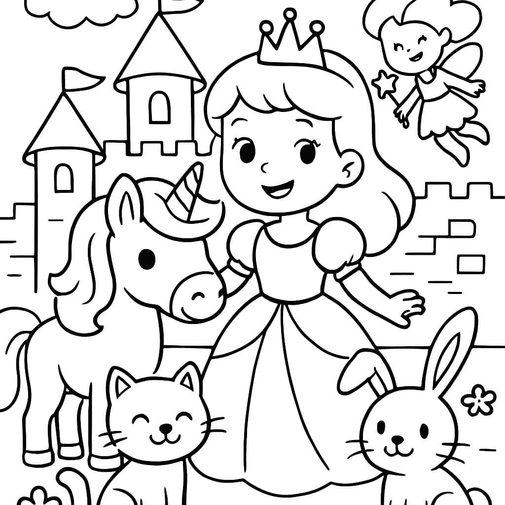 princesa, hada, unicornio, gato y conejo en un castillo