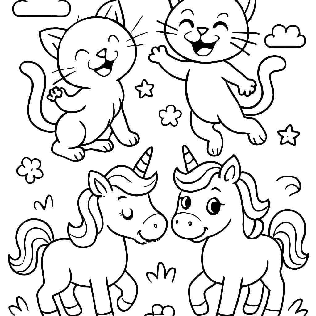 2 gatos divertidos y dos unicornios, los unicornios en la parte inferior de la imagen