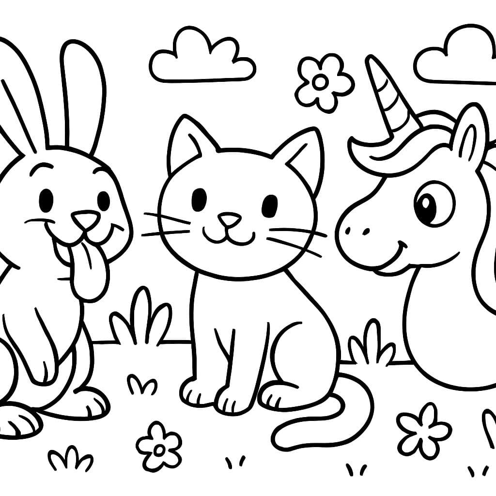 a rabbit sticking out its tongue, a cat with whiskers growing on its nose, and a unicorn without legs