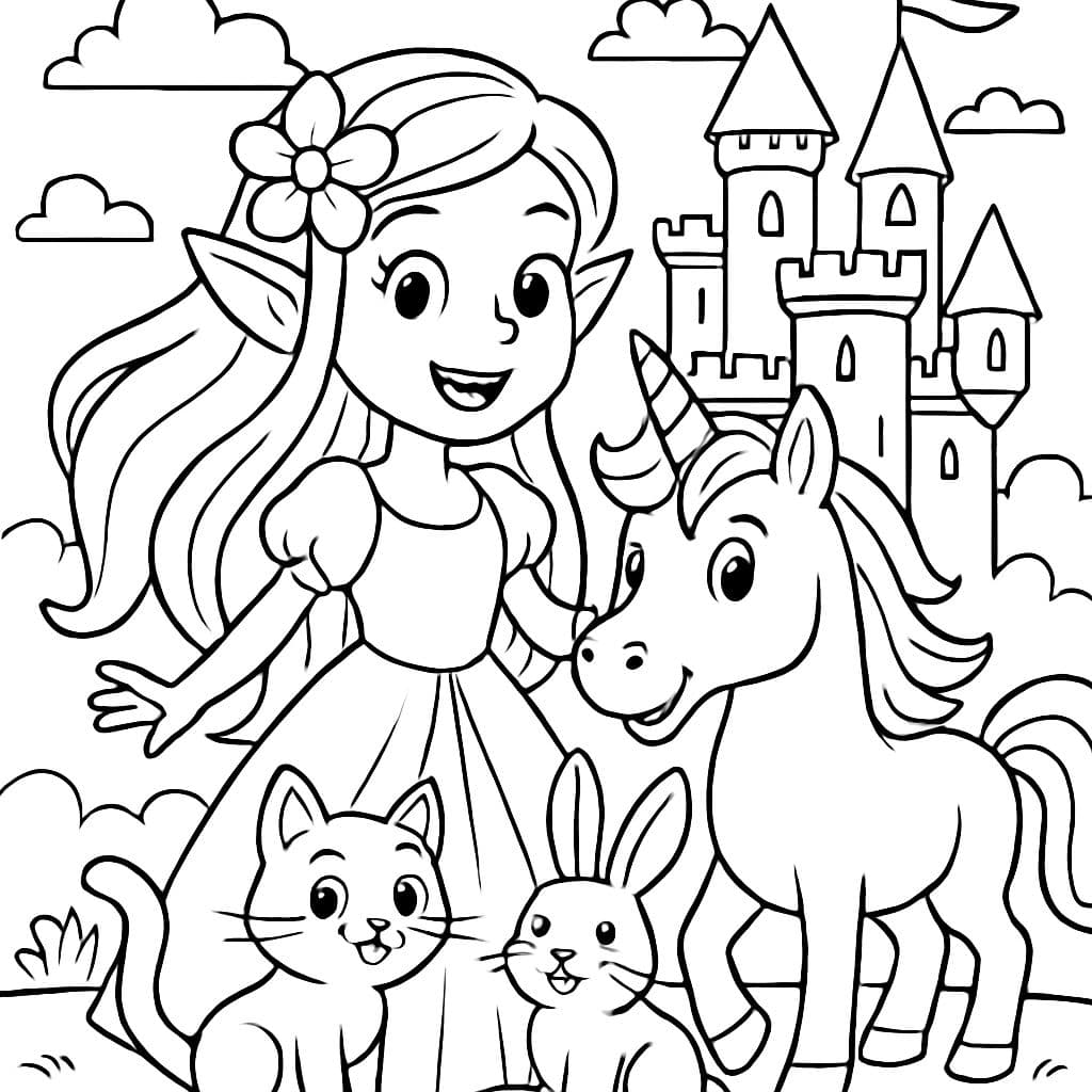 princesa, hada con hermosos cabellos largos con una flor en el cabello, unicornio, gato y conejo frente a un castillo de cuento de hadas