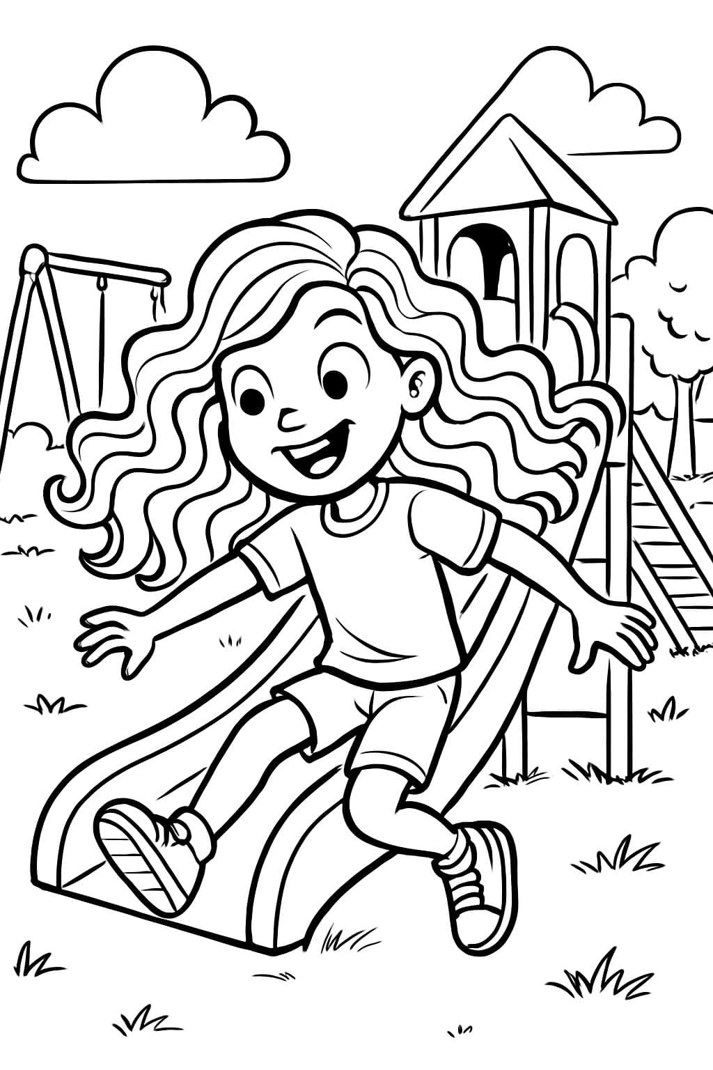 Une fille avec des cheveux vraiment ondulés jouant au parc avec le nom "Leighton" au-dessus.