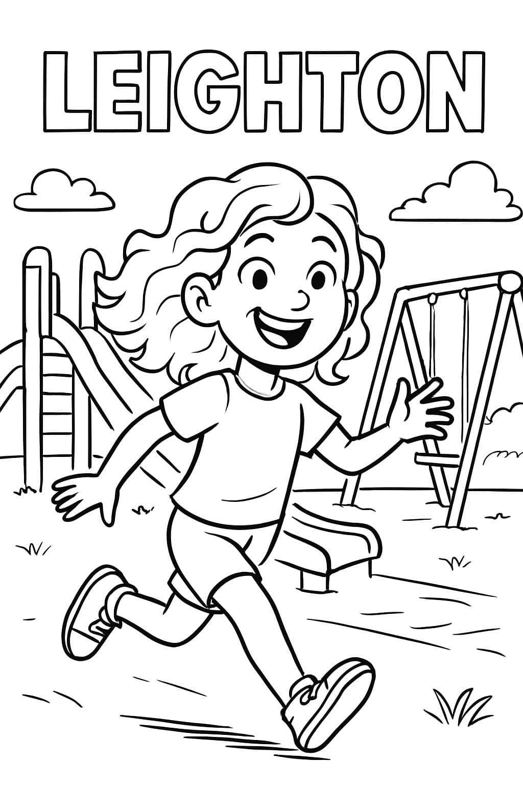 "Leighton" en la parte superior de la página con una niña de cabello ondulado jugando en el parque.