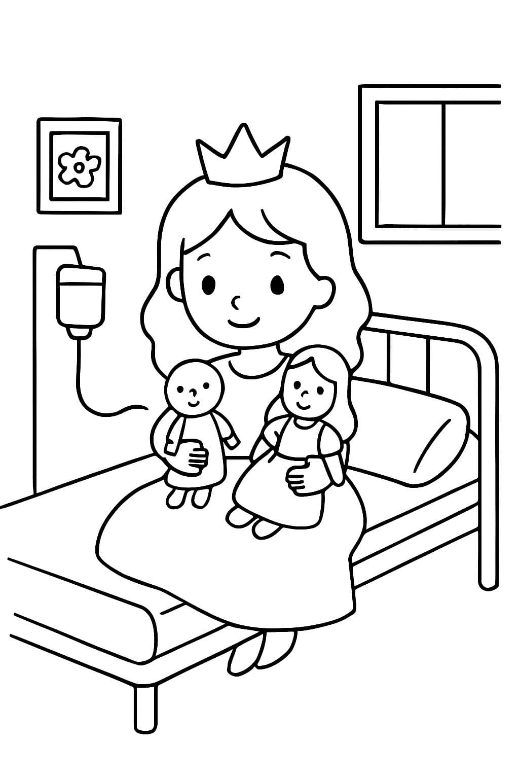eine Prinzessin, die im Krankenhausbett mit ihren Puppen sitzt