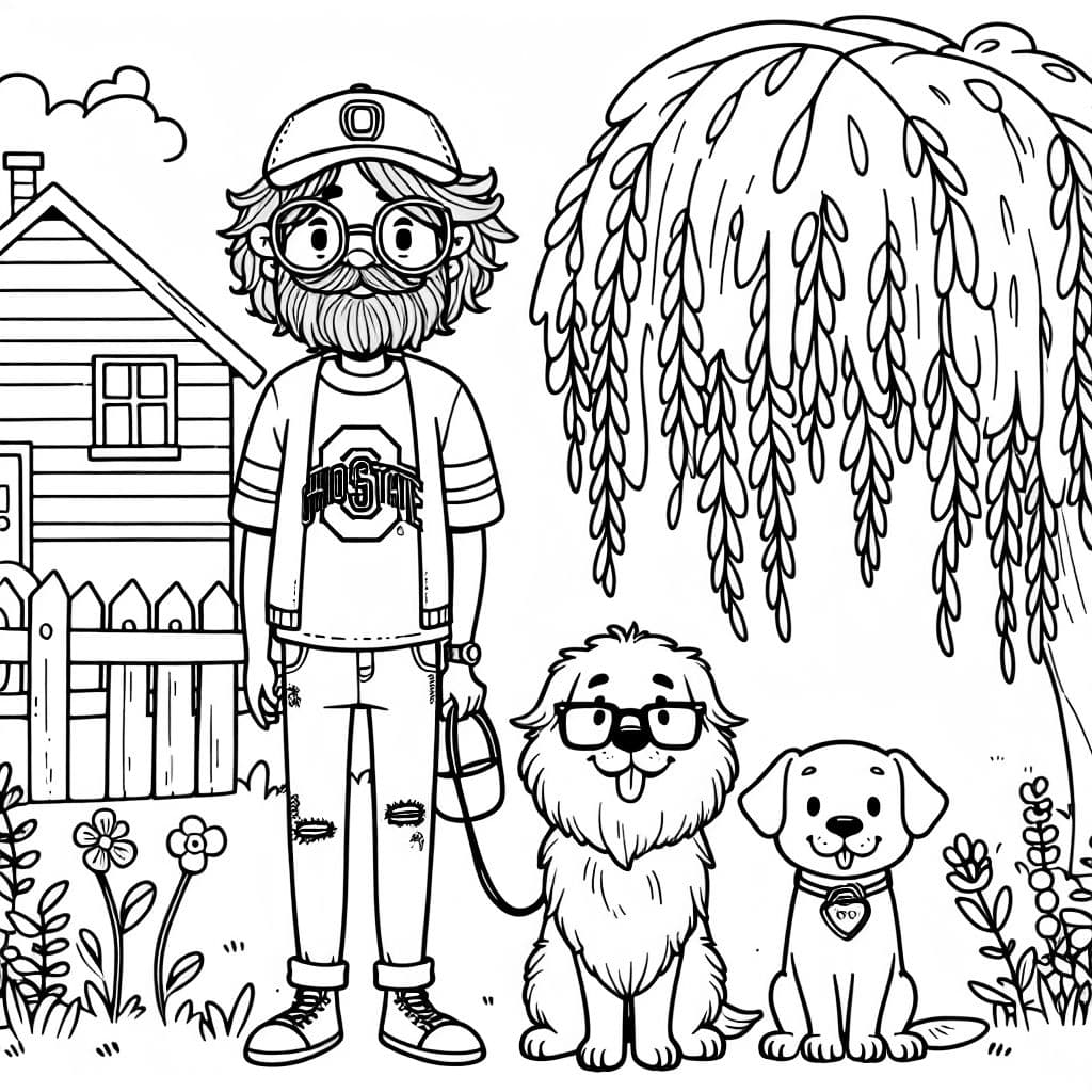 Un hombre con cabello marrón esponjoso, con una gorra en la cabeza, usando gafas cuadradas en la cara, un camiseta de Ohio State y jeans. Una mujer con cabello rojo marrón largo trenzado a un lado. Usando gafas de sol en la parte superior de la cabeza, un suéter lindo y jeans con sandalias en los pies. Un gran golden retriever esponjoso y un cachorro cane corso. De pie afuera bajo un sauce llorón. Frente a una linda casita.