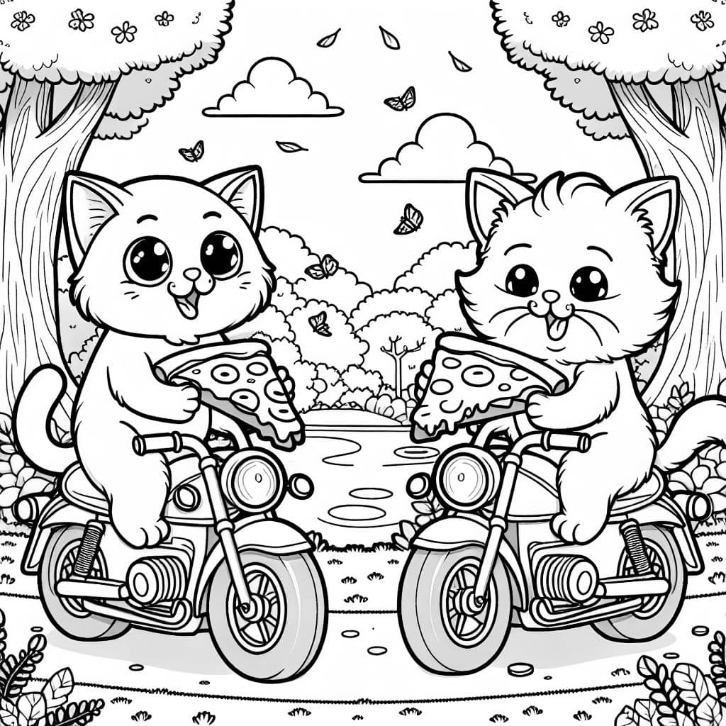 two cats riding motorcycles while eating pizza