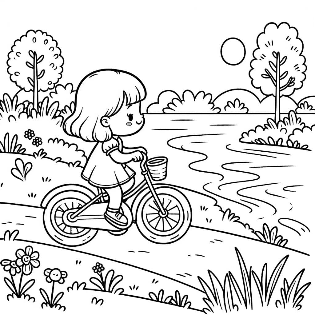 una niña pequeña montando su bicicleta junto al río