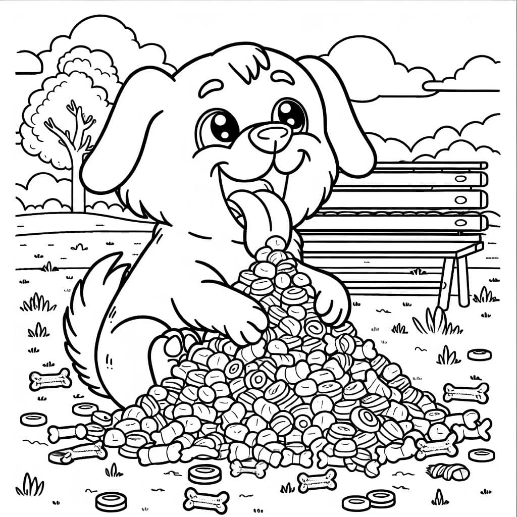 Un perro comiendo un montón de golosinas para perros.