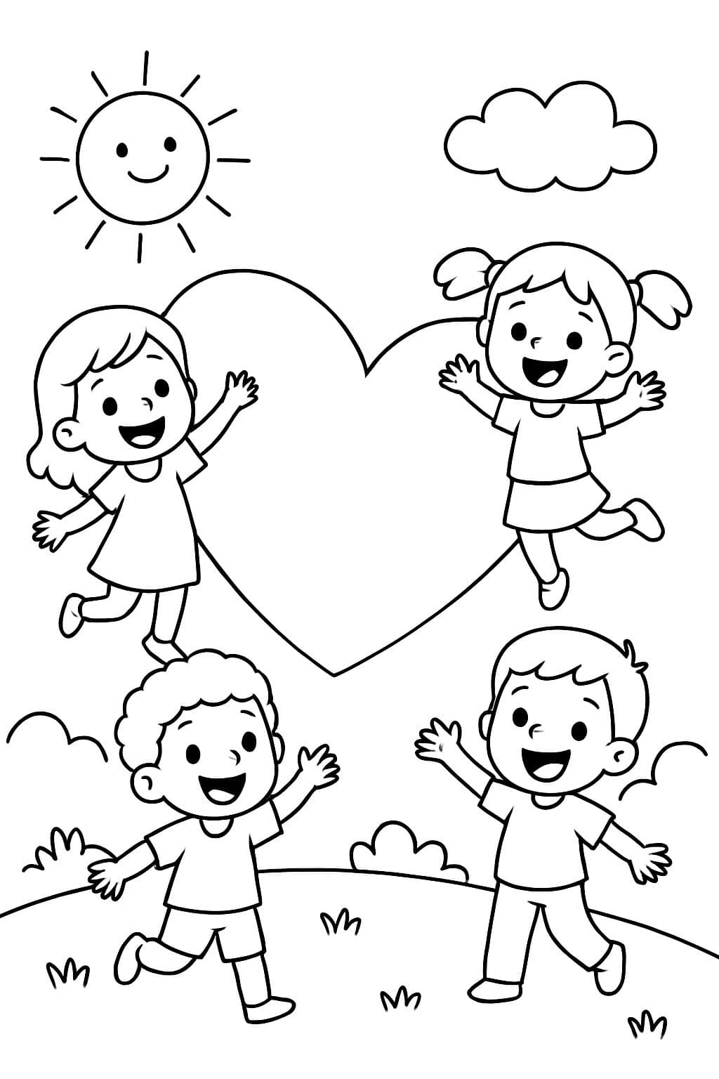 Um coração grande e vários pequenos e as palavras para colorir: Jesus ama todas as crianças.