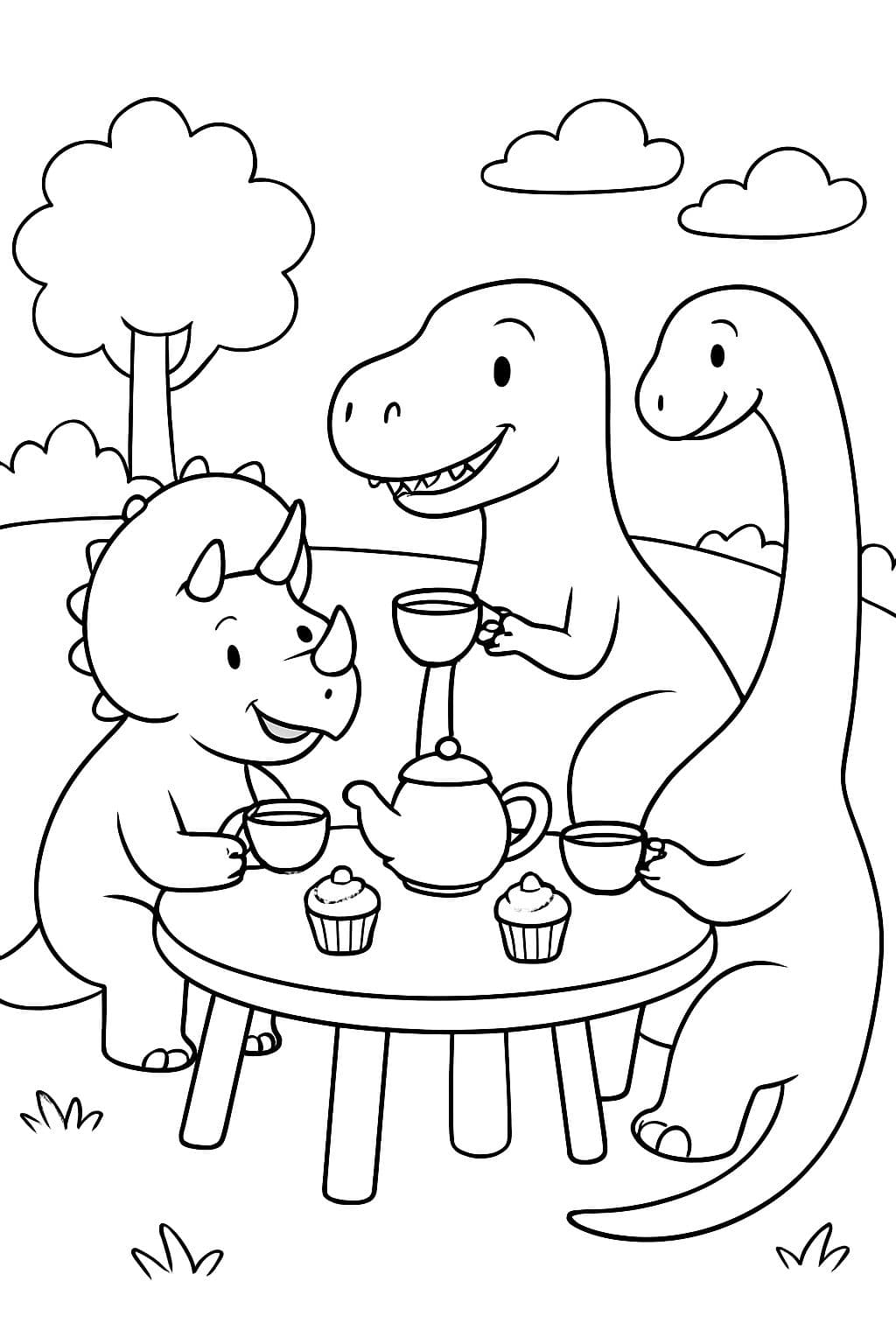 A friendly triceratops, t-rex, and brachiosaurus sitting together at a round picnic table sipping tea with a tea pot on the table and cupcakes.