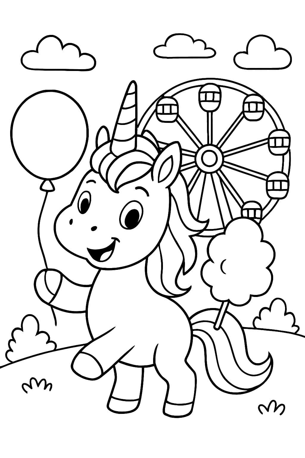Une licorne avec un ballon et de la barbe à papa devant une grande roue