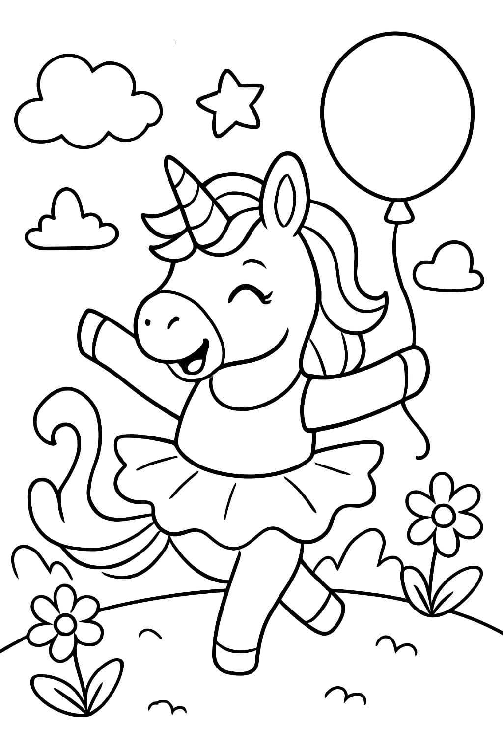 Ein tanzendes Einhorn mit einem tutu und einem luftballon