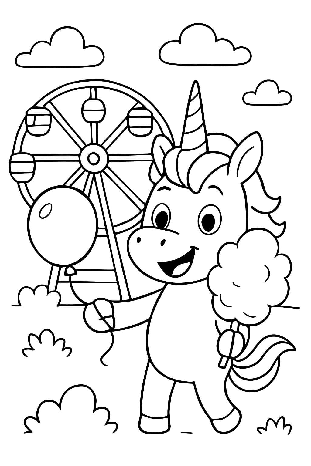 Un unicornio de pie sobre dos patas frente a una noria, sosteniendo un globo en una mano y algodón de azúcar en la otra