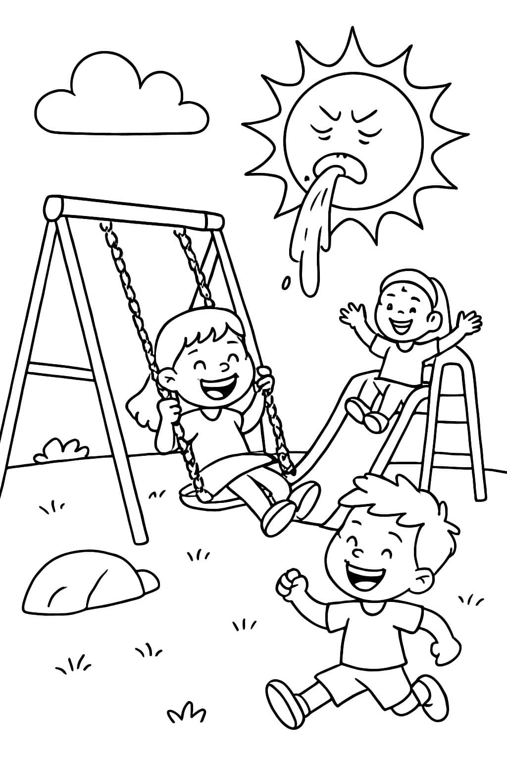 niños en un parque infantil con un sol vomitando