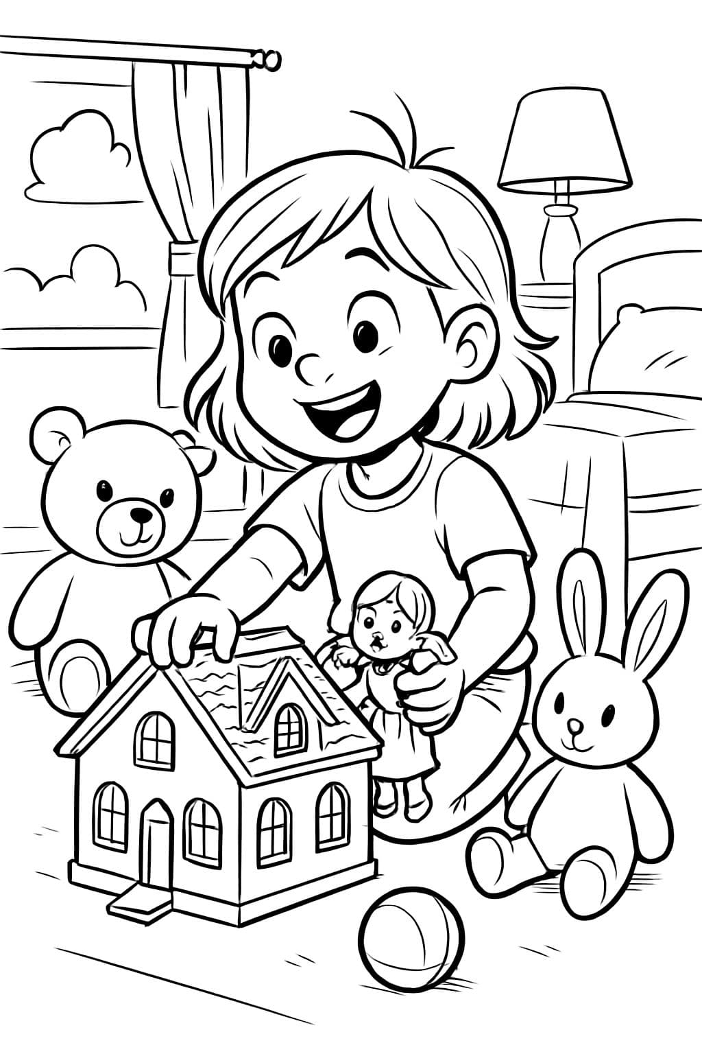 Fille de 3 ans dans sa chambre jouant avec sa maison de poupées et ses animaux en peluche.