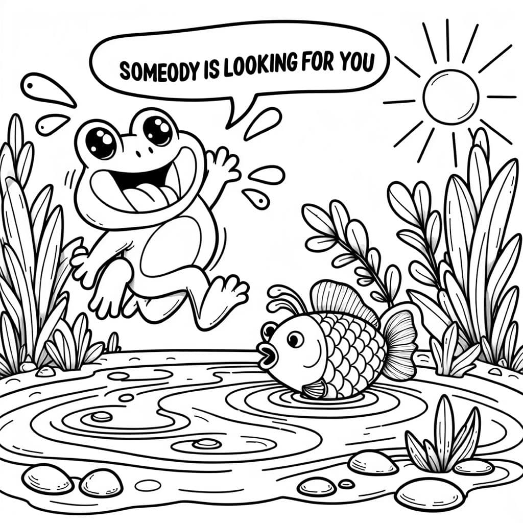 a frog jumping into a pond where a fish says "somebody is looking for you"