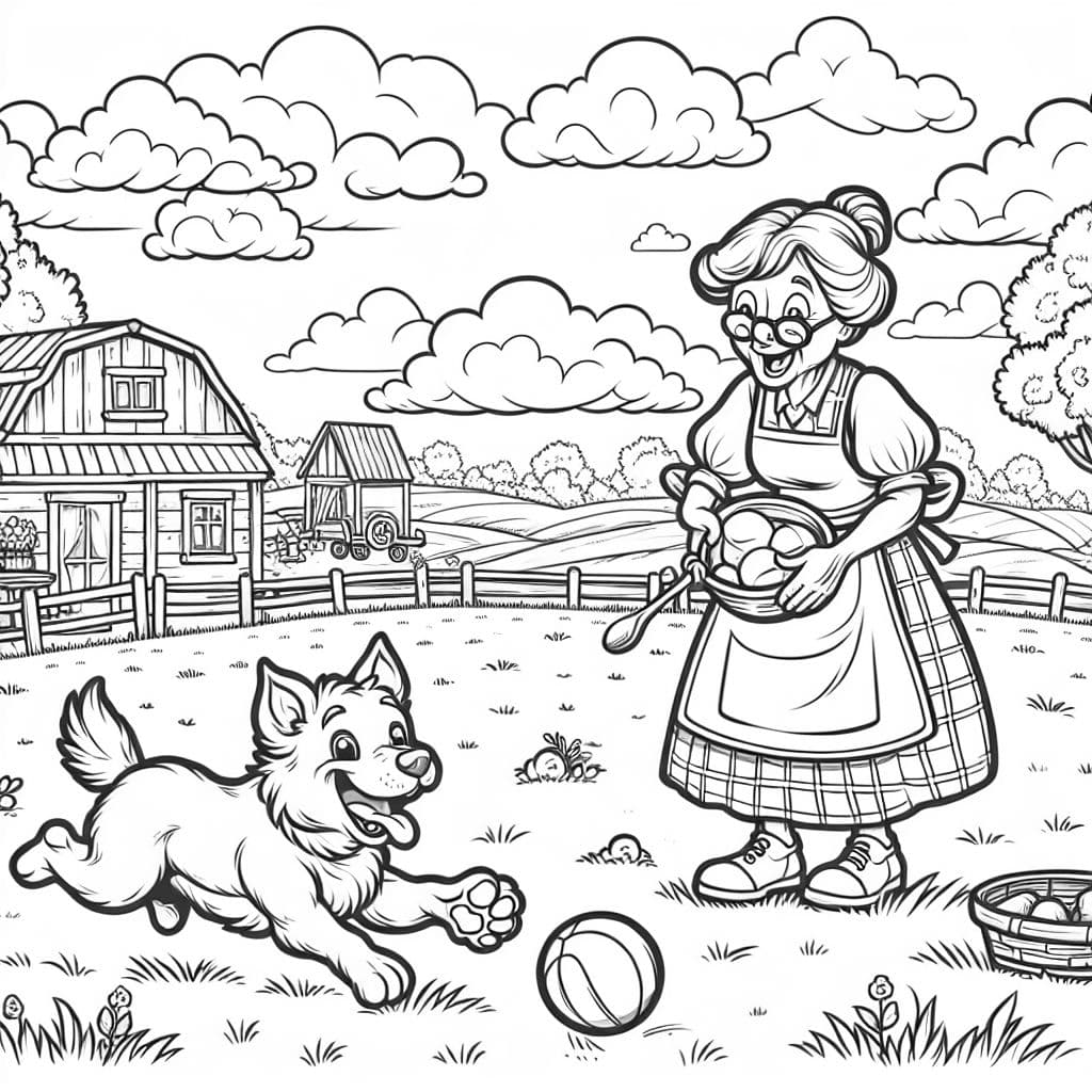 a dog playing with a ball in a field next to a farm where a grandma is making lunch