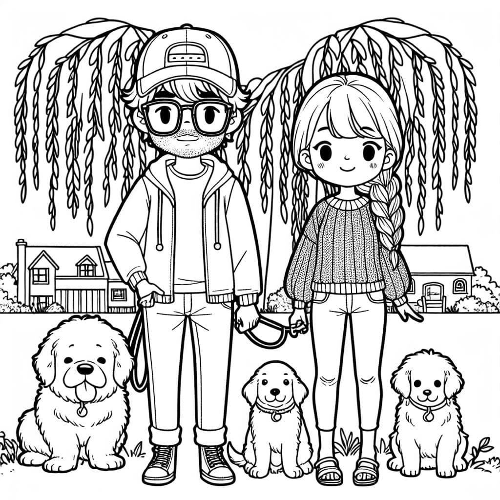 Un hombre con cabello esponjoso que lleva gafas cuadradas, una gorra en la cabeza y una camiseta de larga manga de Ohio State y jeans. Una mujer con cabello largo color castaño rojizo trenzado de costado, usando un lindo suéter y jeans con sandalias en los pies. Un gran golden retriever esponjoso y un cachorro de cane corso. De pie bajo un sauce llorón frente a una linda casita.