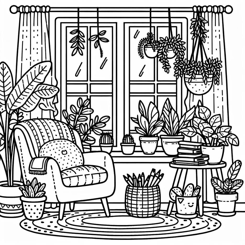 Unas pocas plantas y elementos decorativos alrededor de una cómoda ventana de esquina