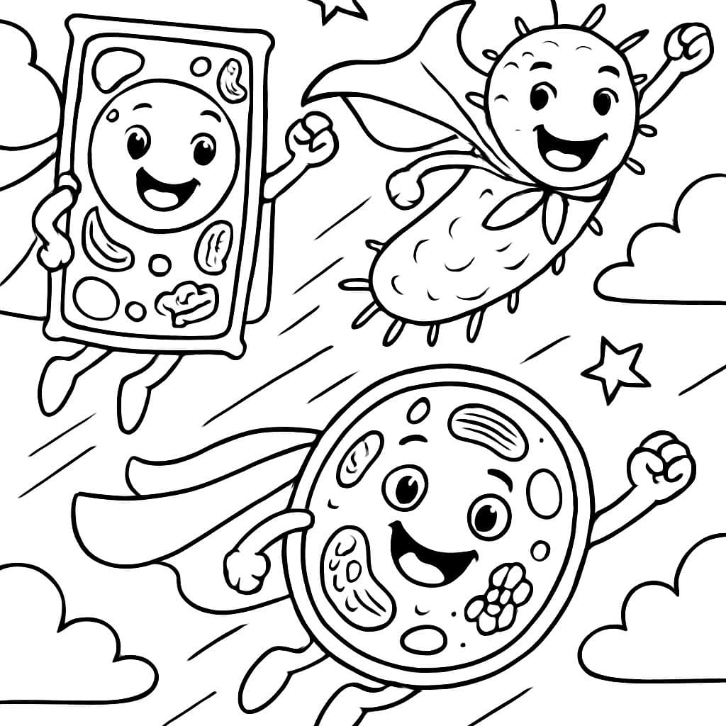 Les cellules végétales, animales et bactériennes de super-héros volent avec des capes.