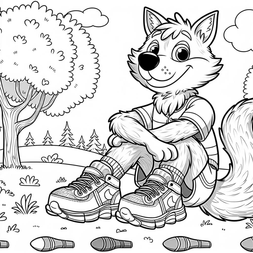 Un loup portant des chaussures de course sur ses quatre pattes.