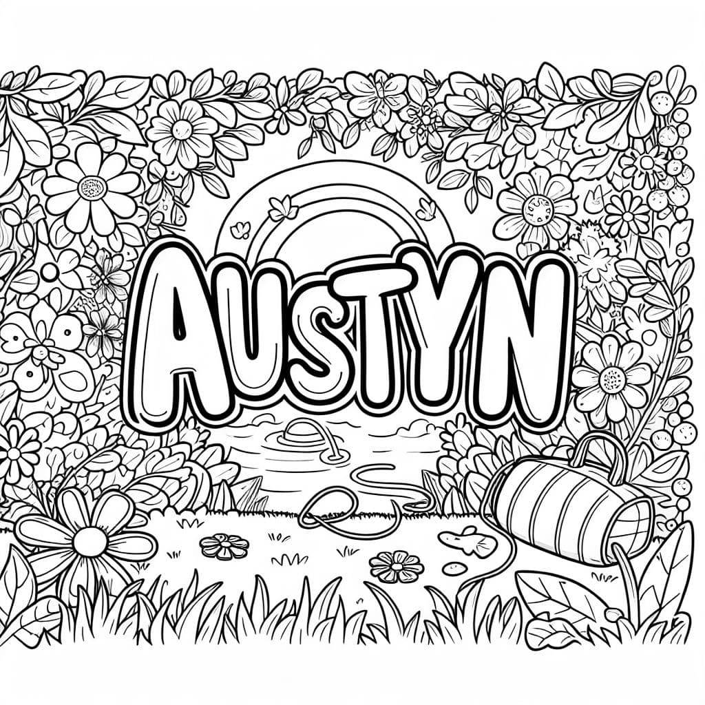 Ein floraler Hintergrund mit "AUSTYNN" in hohlen weißen Buchstaben, umrandet in Schwarz, zentriert über dem Hintergrund.