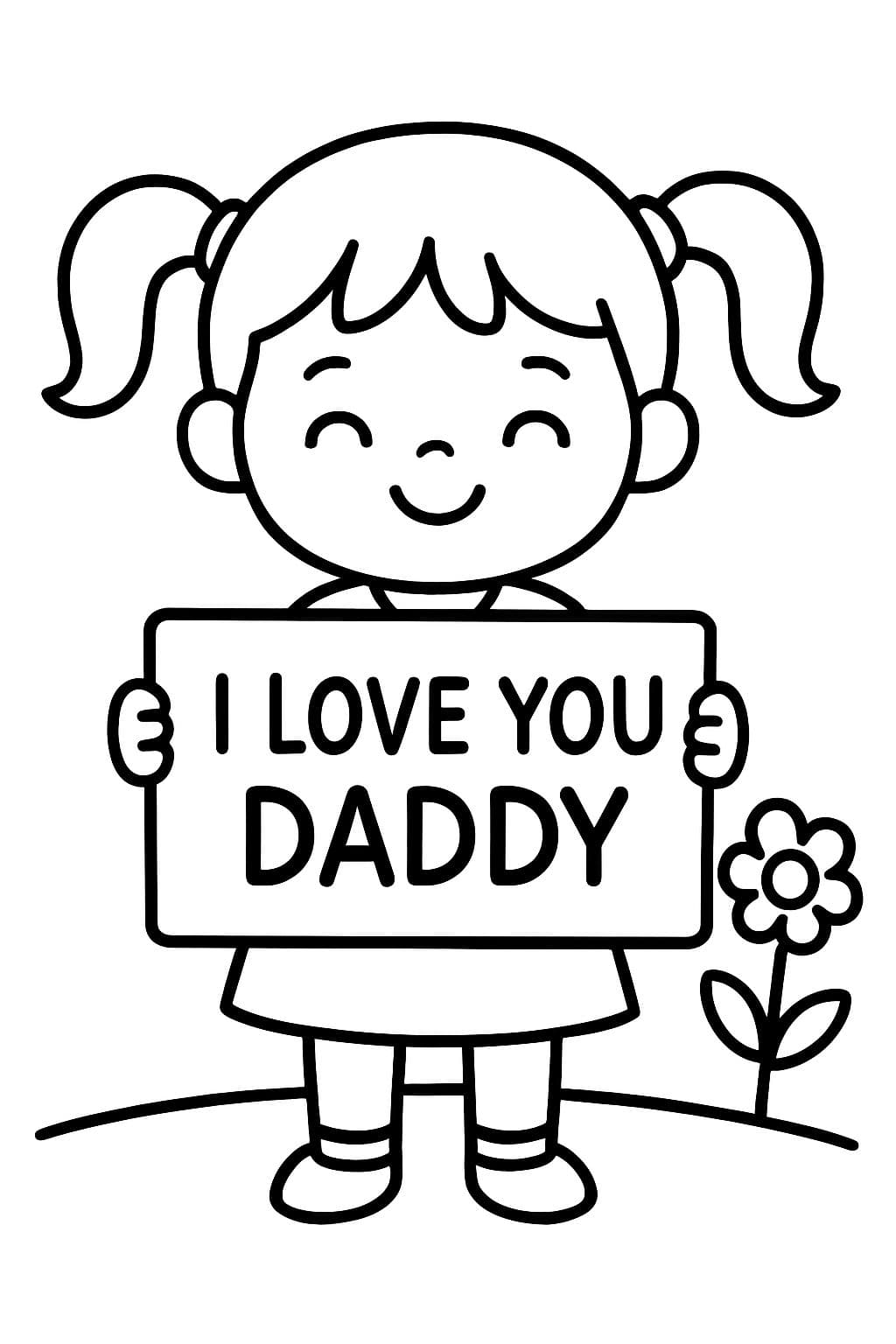 una niña pequeña con coletas que lleva un vestido y sostiene un cartel que dice: Te quiero papá