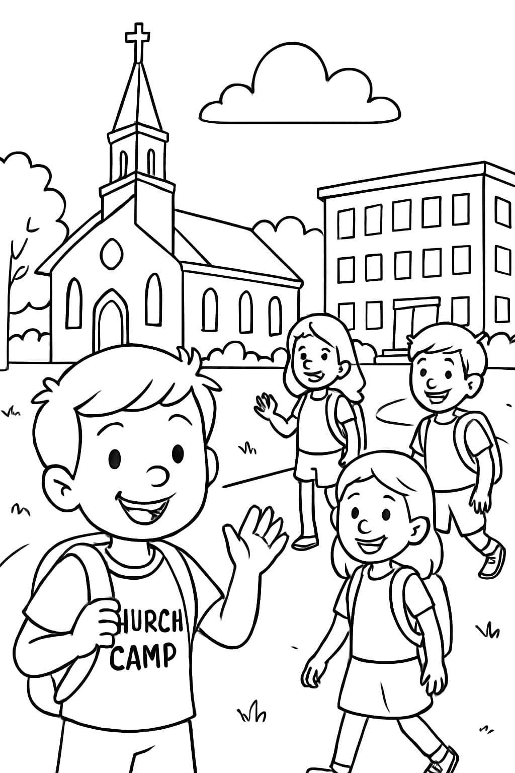 Niños en un campamento de iglesia en un campus universitario
