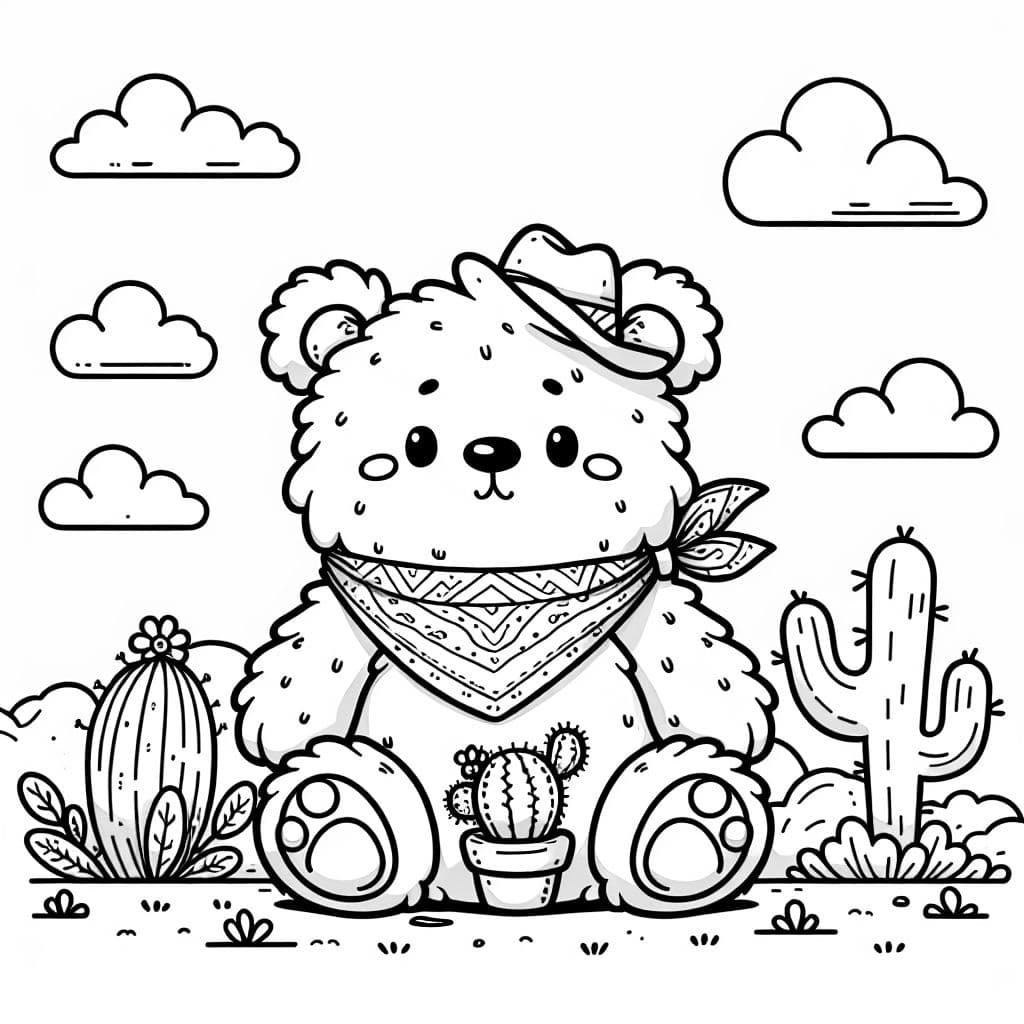 a fluffy white bear with a small image of a cactus on his belly, and a bandanna around his neck