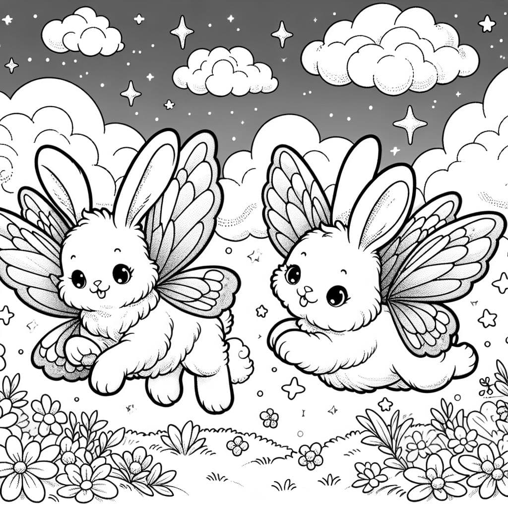 bunnies with butterfly wings with cute clouds and stars in the sky, and simple flowers in grass on the ground
