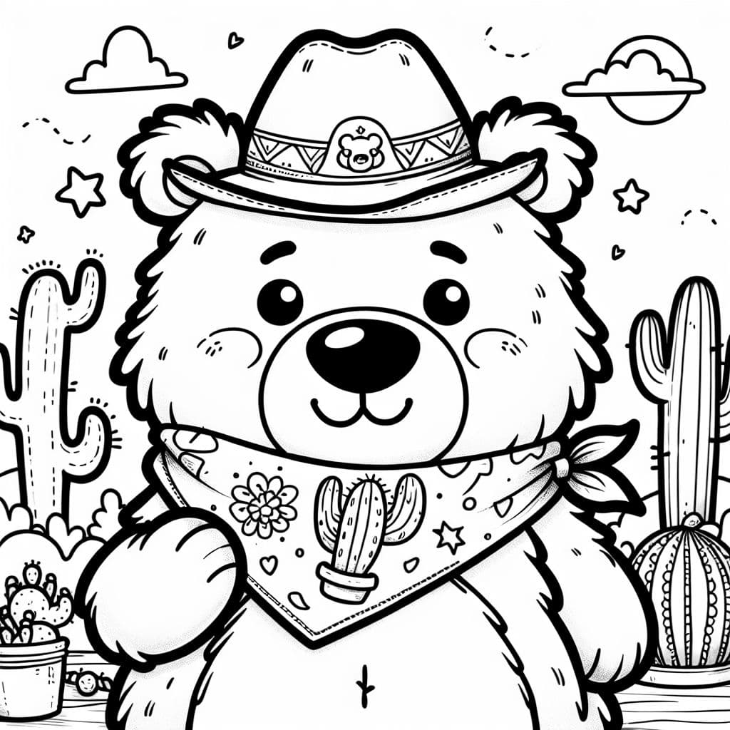 a fluffy white bear with a bandanna around his neck and a cactus tattoo on his belly