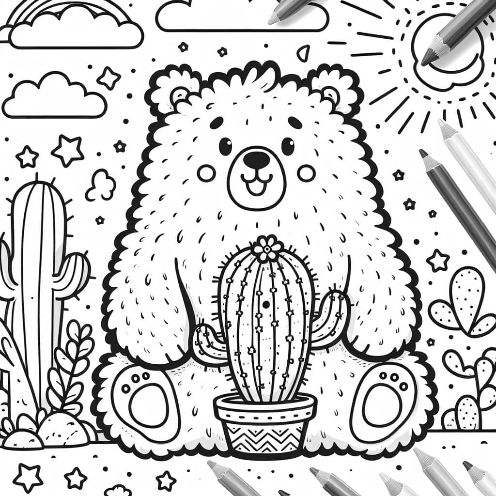 a fluffy white bear with a small image of a cactus on his belly