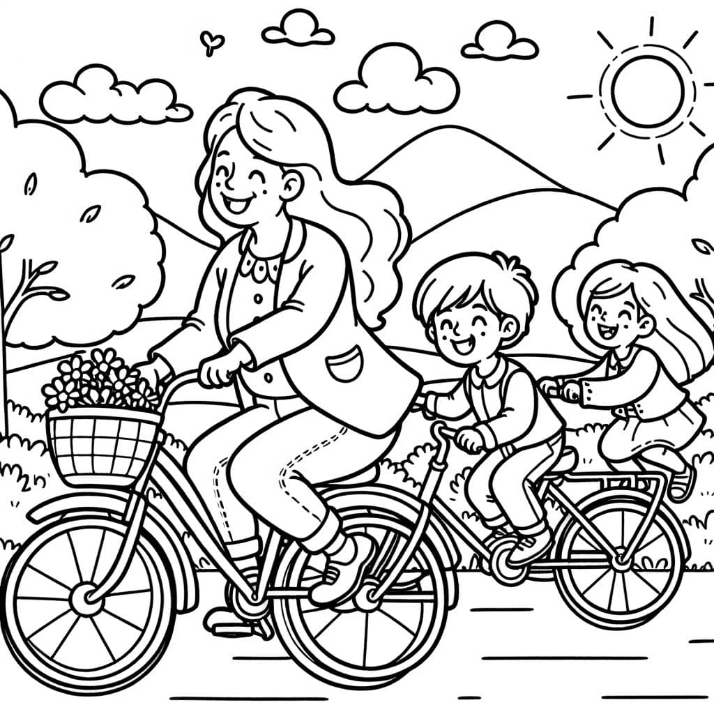 una abuela joven con cabello de longitud media en una bicicleta, un niño pequeño atrás. Una niña con cabello largo en su propia bicicleta