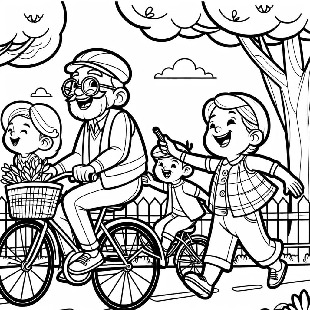 Junge oma auf Fahrrad mit Enkel Junge und ENkel Mädchen