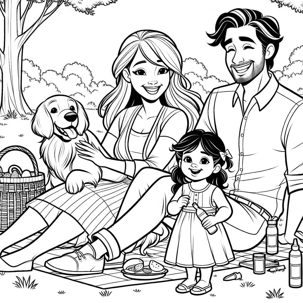 A mom and dad with their toddler girl, a golden retriever dog and a border collie dog