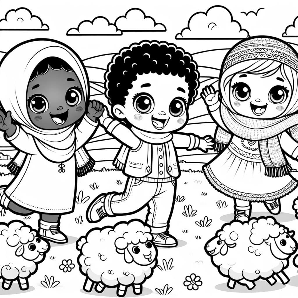 2 little girls, a baby boy and a flock of sheep