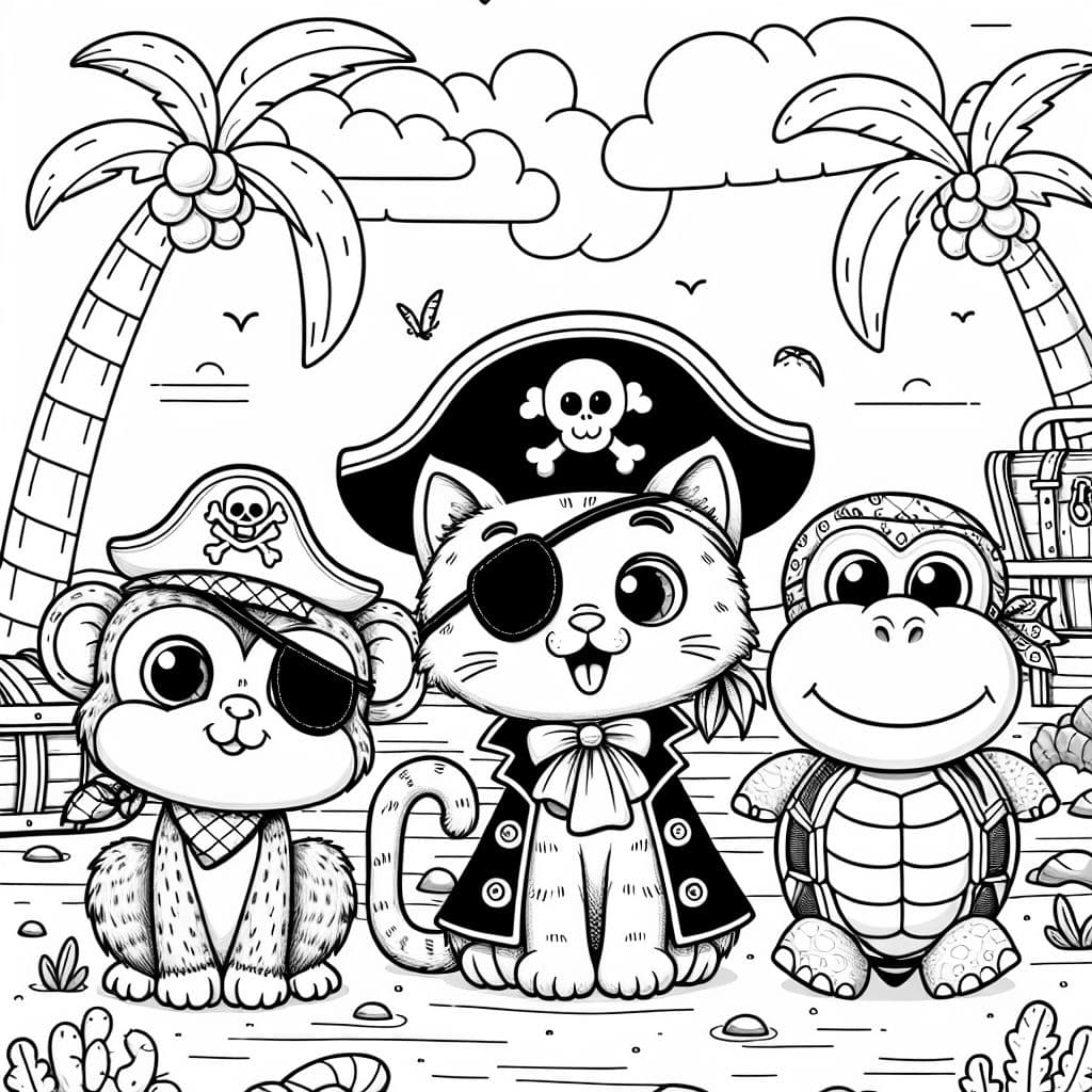 gatito pirata, mono travieso y tortuga amistosa todos temas de piratas